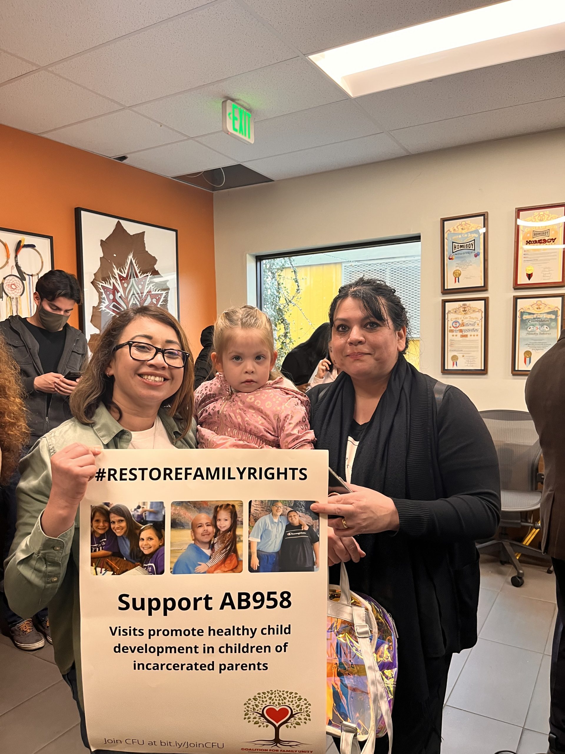 Family Unity Coordinator Ivana Cortez with the Executive Director of Jesse’s Place, Sandra Suares, and her daughter, Zoe Suares at the AB 958 Press Conference Los Angeles. Sandra and Zoe are system-impacted family members and visited Zoe's dad at a California prison for 14.5 years until his release in 2023.